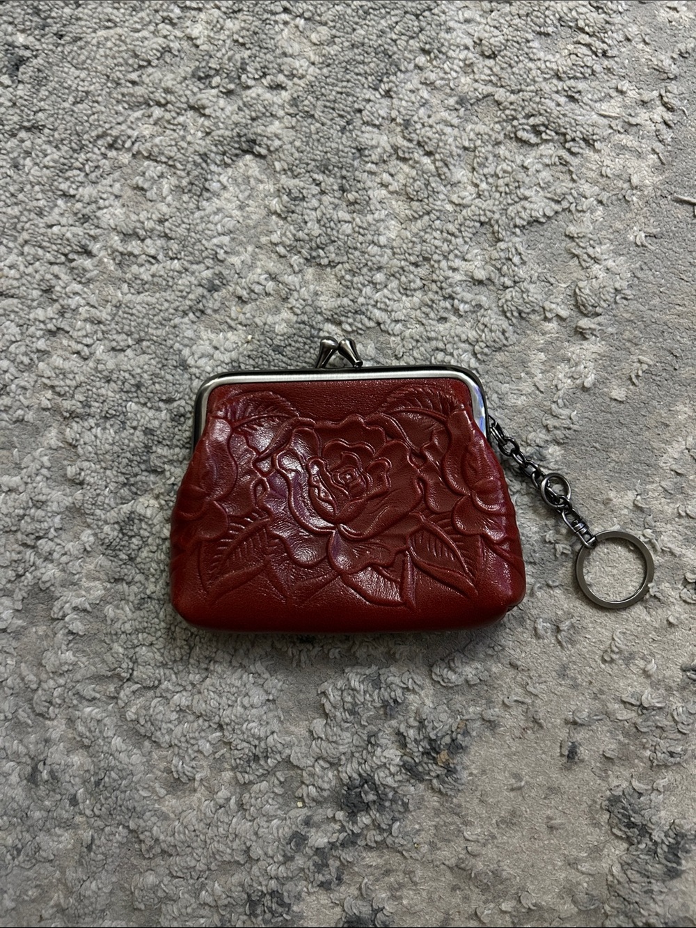 Patricia Nash Deep Red Embossed Floral Mini Coin Purse with Key Ring